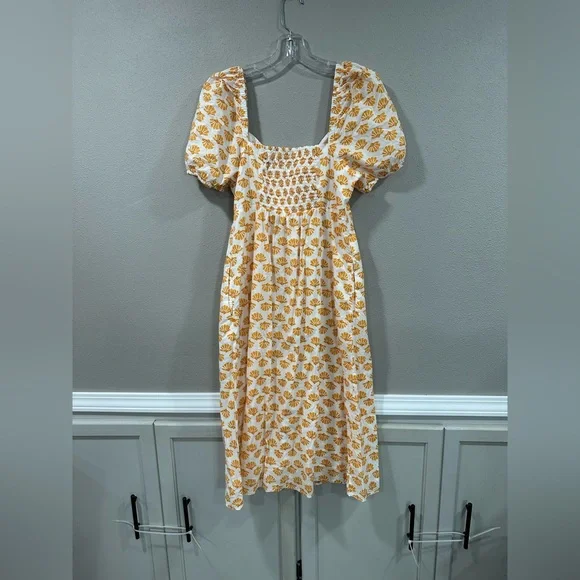 JCrew Orange White Flower Midi Ruffle Puff Sleeve Dress - Picture 6 of 9